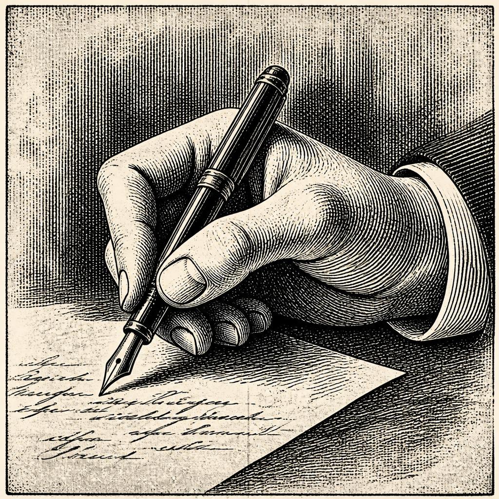 Gravure ancienne d'une main tenant une plume et écrivant sur du papier